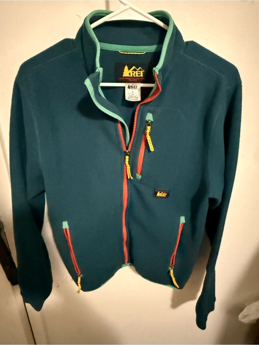 REI Men's Teal Fleece Zip-Up Jacket with Mint Trim and Coral Zippers